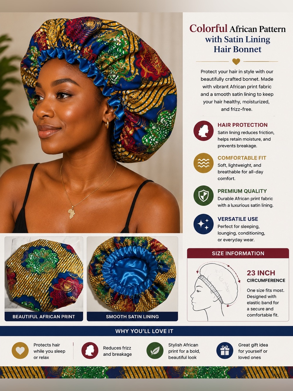 Colorful African pattern with Satin lining Hair Bonnet